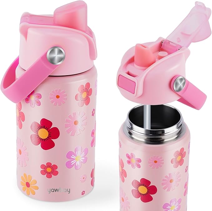 Kids Water Bottle for School 12 oz,Insulated Stainless Steel Water Bottle for Kids,Water Bottles for Toddler Girls Boys with Pop-Up Straw-Cap(Flower)