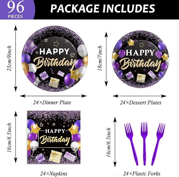 Wiooffen 96 Pcs Purple Birthday Party Plates Napkins Tableware Set - Purple and Black Happy Birthday Party Supplies Disposable Dinnerware for 24 Guests