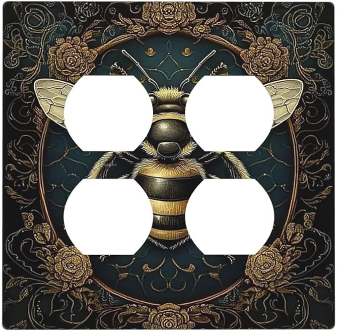 Outlet Covers Mid Century Bee Dark Floral 2 Gang Double Duplex Decorative Light Switch Covers Electrical Wallplates Socket Faceplate For Home Office Decor