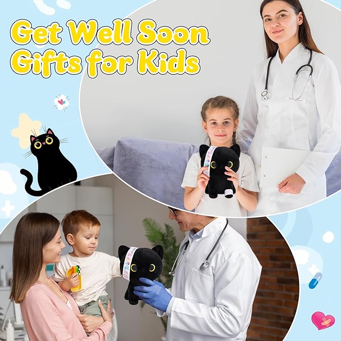 Get Well Gifts for Women Kids, 8 Inch Black Cat Plush Get Well Soon Stuffed Animals, Kawaii Cat Plushies Get Well Gifts for Kids Women After Surgery Feel Better Gift