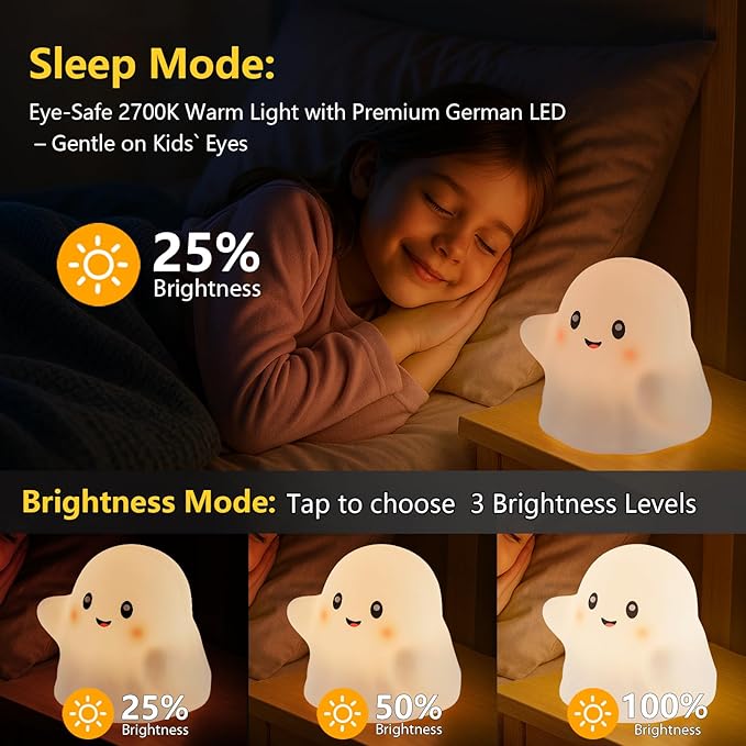 Cute Ghost Night Light for Kids, Rechargeable Silicone Bedside Night Light with Tap Control, Dimmable Nursery Decor Lamp, Fun Ghost Gift for Kids, Halloween Room Decor, Ghost Lamp