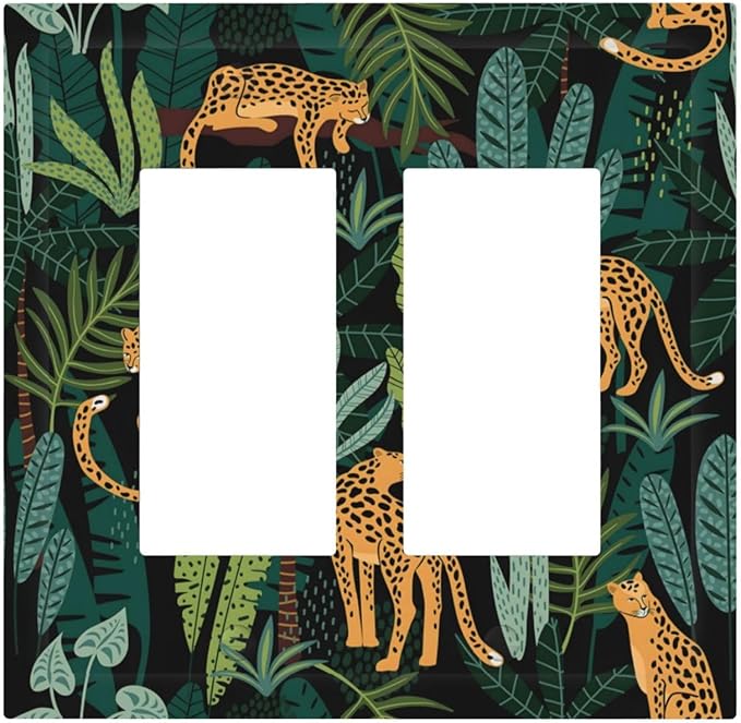 Jungle Cheetah Tropical Wildlife Leopard Green Palm Leaf Decorative Outlet Covers 2 Gang Double GFCI Rocker Electrical Wall Panels Light Switch Cover Plate for Farmhouse Home Decor