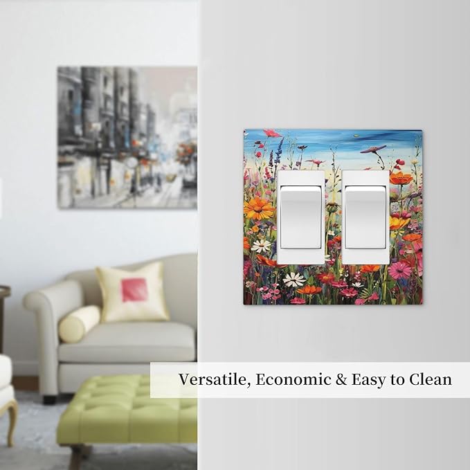 Colorful Wildflowers Painting Floral Flower Decorative Outlet Covers 2 Gang Double GFCI Rocker Electrical Wall Panels Light Switch Cover Plate for Bedroom Living Room Decor