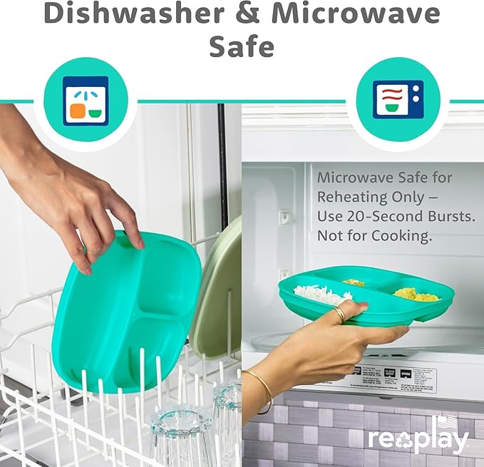 Re-Play Dinnerware Set for Toddlers – 6 Deep-Walled Divided Compartment Plates and 6 Stackable Bowls for Snack and Everyday Dining – Dishwasher/Microwave Safe – Made in USA – Sorbet