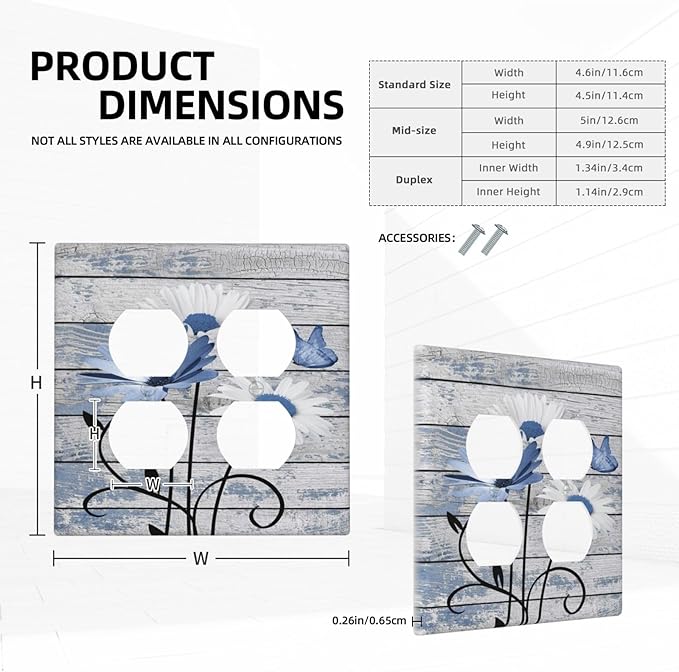 Blue White Daisy Flower Butterfly Rustic Wood Board Outlet Covers 2 Gang Double Duplex Decorative Light Switch Covers Electrical Wallplates Socket Faceplate for Farmhouse Bedroom Decor