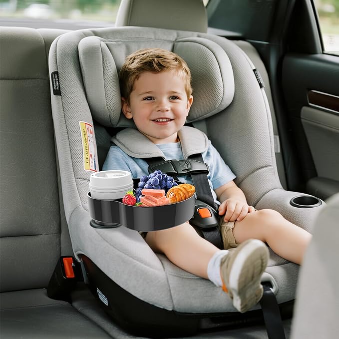 Kids Car Seat Tray, Travel Tray with Cup Holder for Toddler, Baby Car Seat Food Snack Organizer for Road Trip, Stroller snack tray travel must haves (Black 1 Pack)