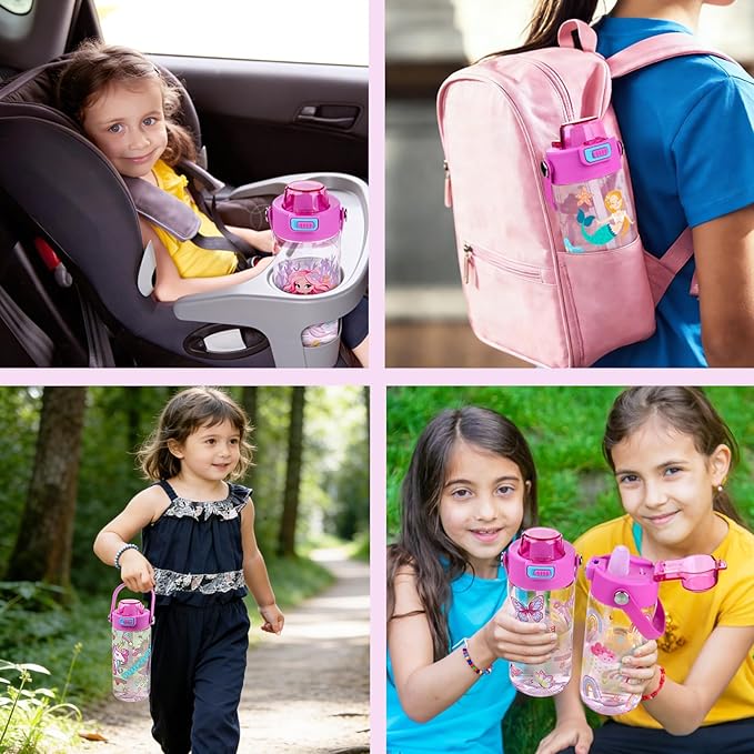 Queenshin Girls Rainbow Water Bottle for School 20oz BPA-Free Tritan Outdoor Kids Sports Water Cup Leak Proof with Straw Lid Handle Pop-Up Spout Cover