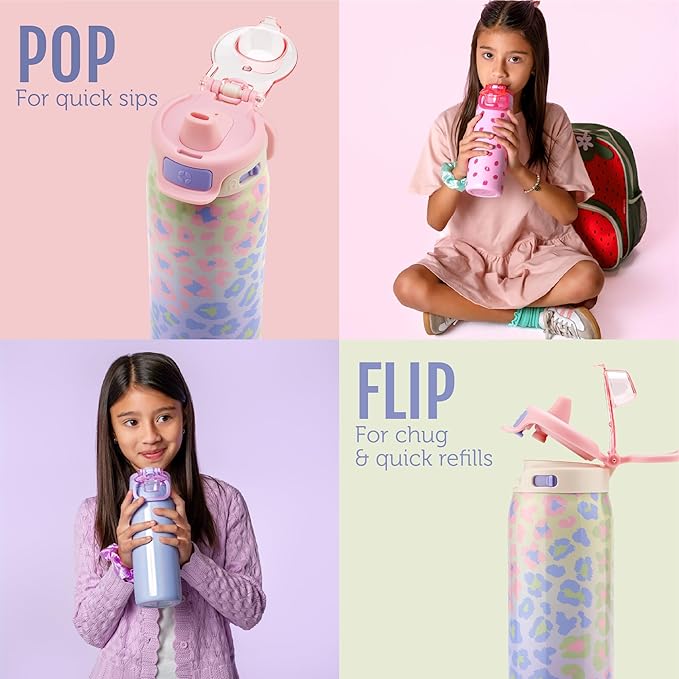Ello Pop & Fill 18oz Stainless Steel Kids Water Bottle with Quick Fill Lid | Vacuum Insulated BPA Free Bottle with Leak Proof Straw and Chug Lid, Dishwasher Safe, Gift For Kids Teens, Cheetah