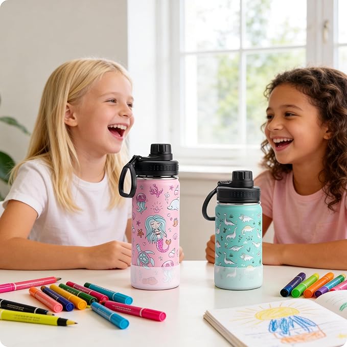 16 oz Stainless Steel Vacuum Insulated Wide Mouth Sports Water Bottle for Back to School-Reusable Metal Water Bottle Flask for Girls-Mermaid