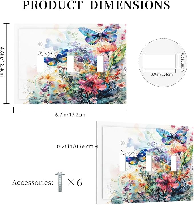 Light Switch Cover Plate Watercolor Colorful Floral Butterflies Wildflowers 3 Gang Triple Toggle Decorative Switch Plates Wall Plates Electrical Switchplate Faceplate for Bathroom Bedroom