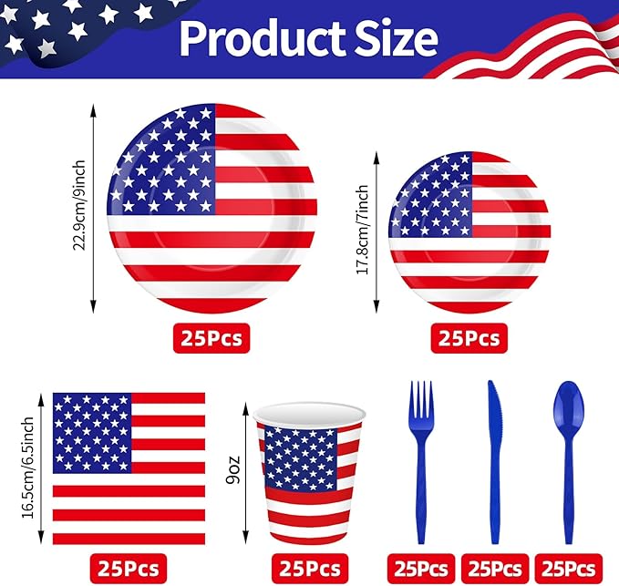 175 Pcs USA Flag Tableware Set - Serves 25, Patriotic American Flag Disposable Plates, Cups, Napkins, Forks, Spoons, Knives for 4th of July, Memorial Day, Veterans Day, Independence Day Party Supplies