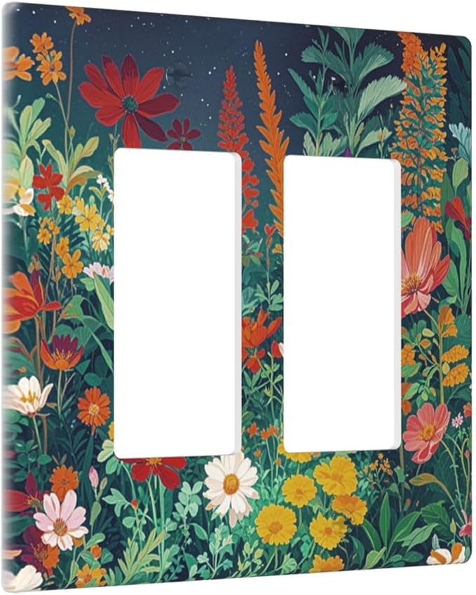 Decorative Outlet Covers with Wildflowers & Stars Botanical Floral Art Design 2 Gang Wall Plate Double Rocker Light Switch Cover Switch Plate Cover for Garden Theme Wall Decor