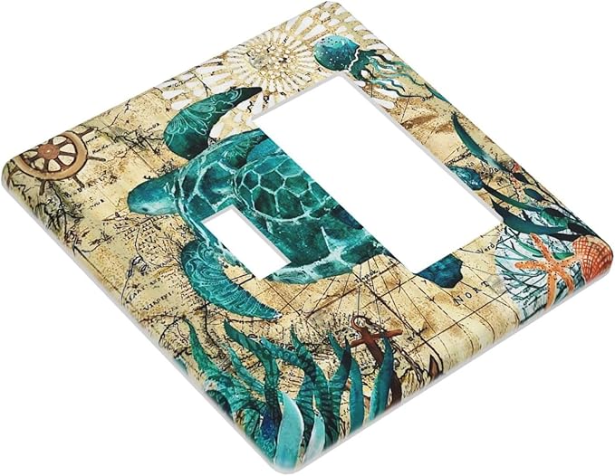 2-Gang 1-Toggle 1-Decora/GFCI Device Combination Funny Classic Sea Blue Turtle Beach Nautical Ocean Themed Teal World Map Tortoise Coastal Wall Plate Combo Toggle Decorator Outlet Light Switch Cover