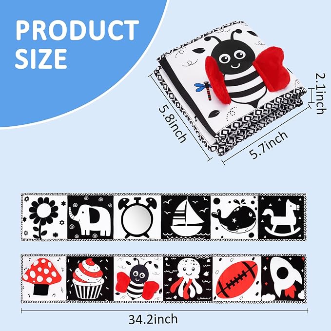 Black and White High Contrast Toys for Baby 0-3 3-6 months Infant Tummy Time Soft Book Sensory Musical Toy 0-2-4-6 month Babies Brain Development Crinkle Book Mirror Newborn Easter Basket Stuffer