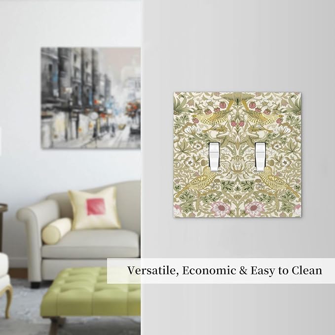 William Morris Vintage Strawberry Bird Botanical Decorative Switch Plates 2 Gang Double Toggle Outlet Light Switch Cover Wall Plate Electrical Faceplate for Farmhouse Home Decor