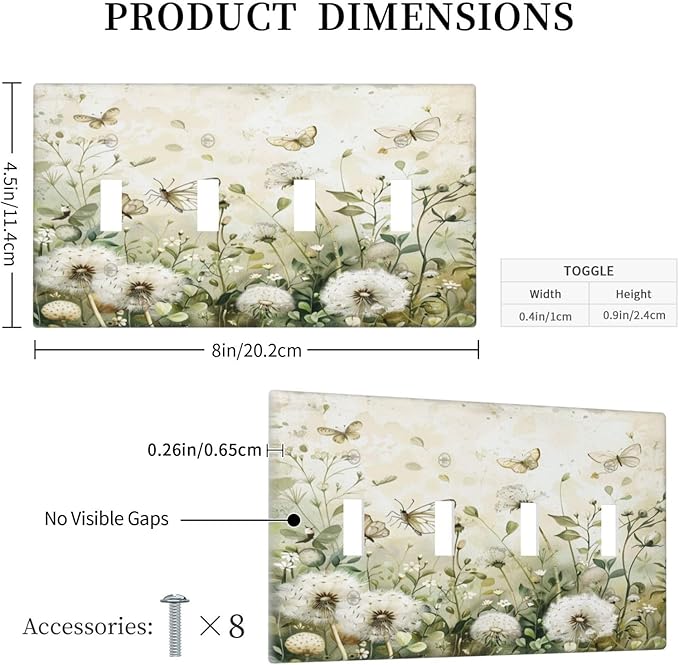 Light Switch Cover Plate Watercolor Butterflies Dandelions Wildflowers 4 Gang Quad Toggle Decorative Switch Plates Electrical Wall Plates Faceplate for Bathroom Bedroom Decor