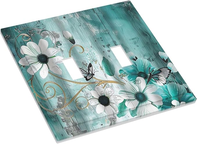 Decorative Switch Plate Covers Turquoise Flowers and Butterflies Rustic Teal White Floral 2 Gang Wall Plate Double Toggle Light Switch Cover Plate Electric Dual Device Electrical Faceplate