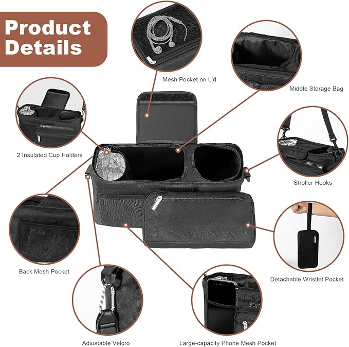 Universal Stroller Organizer with Insulated Cup Holder, Stroller Caddy with Detachable Bag & Shoulder Strap, Stroller Attachment Non-Slip Secure Hooks Accessories Fits Most Strollers