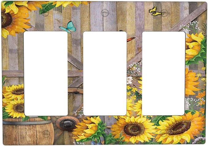 Rustic Sunflower Barn Door Country Wood Plank 3 Gang Rocker Light Switch Covers Decorative Triple Outlet Wall Plate Cover Faceplate Decorative Switchplate GFCI for Farmhouse Bathroom Bedroom Decor
