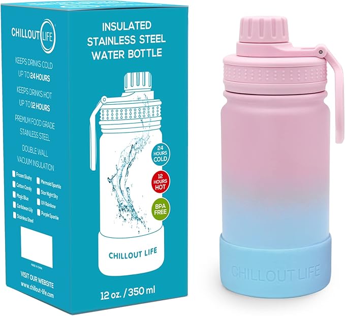 CHILLOUT LIFE 12 oz Kids Insulated Water Bottle for School with Leakproof Spout Lid and Cute Waterproof Stickers, Personalized Stainless Steel Thermos Flask Metal Water Bottle For Girls & Boys