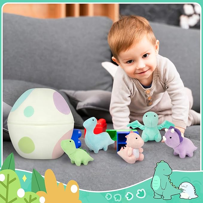 Soft Plush Dinosaur Toys, Cute Stuffed Dinosaur Egg with 5 Small Dino Plushies for Themed Party for Kids Girls Boys