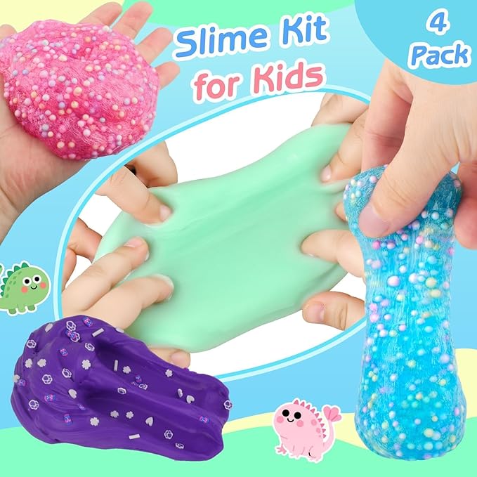 4 Pack Axolotl Slime Kit, Butter & Clear, Slime Party Favors for Kids with Axolotl Charms, Soft and Stretchy, Pink Blue Purple Green Slime for Girls & Boys 4-12