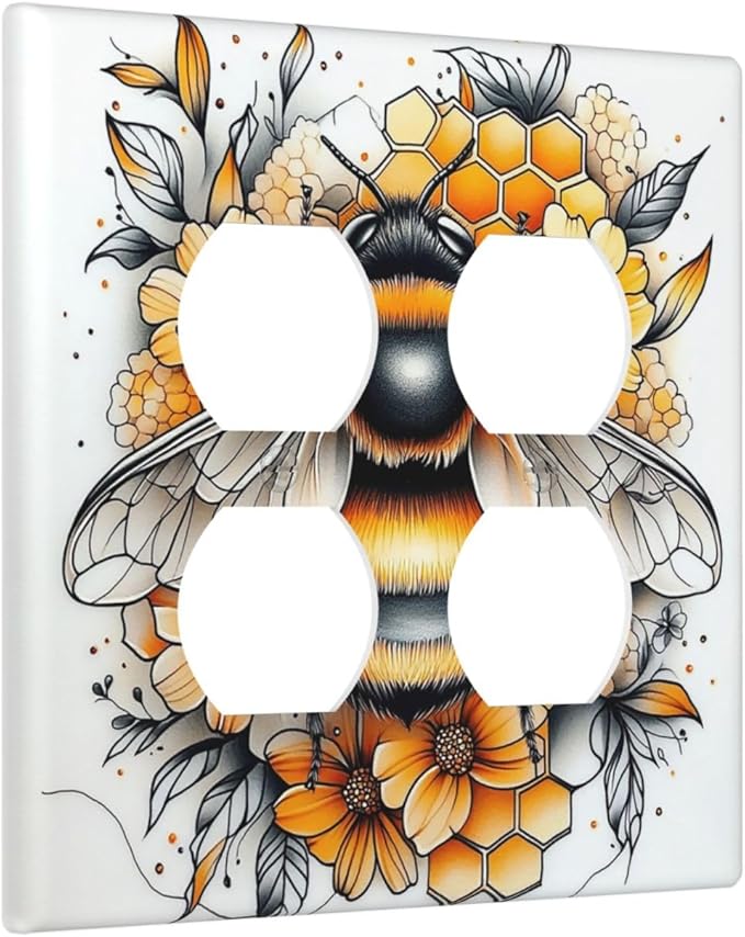 Outlet Covers Bee Honeycomb Flowers Plant Leaves 2 Gang Double Duplex Decorative Light Switch Covers Electrical Wallplates Socket Faceplate For Nursery Kids Room Decor