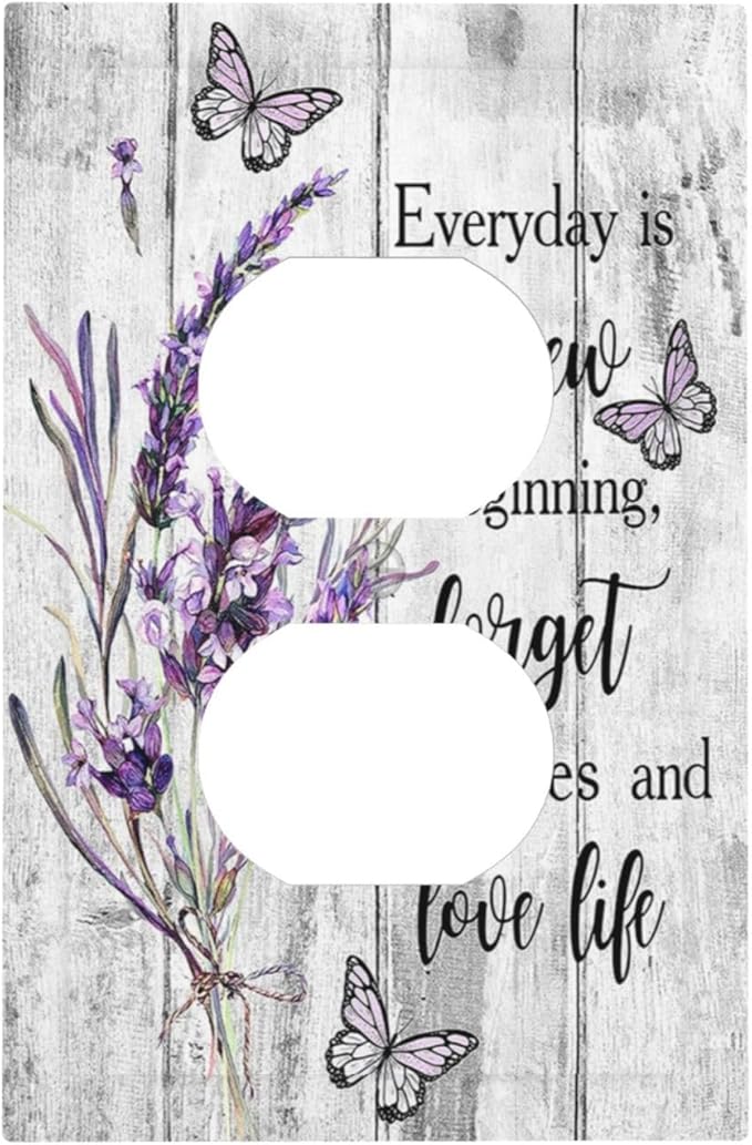 Outlet Covers Purple Lavender Flower Butterfly on Wood Plank 1 Gang Duplex Light Switch Cover Plate Inspirational quotation Floral Decorative Wall Plates Electrical Switchplate Receptacle Cover