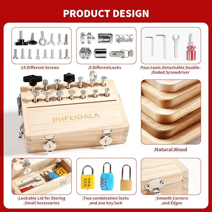 INIFEIDALA Montessori Busy Board - Wooden Sensory Activity Toy for 3-5 Year Olds with Locks, Keys & Screwdriver Tool Set | STEM Educational Gift for Fine Motor Skill Development