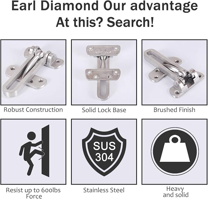Earl Diamond Door Lock Latch for Home Security - Swing Bar Door Guard for Front and Inside Door, Safety Childproof Reinforcement Door Stopper for Kids Home Hotel Apartment,Stainless Steel Satin Nickel