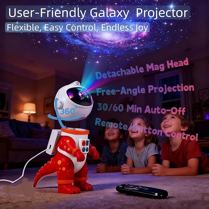 Galaxy Star Projection Night Light, Dinosaur Astronaut Space Projector with Timer, Remote Control, 8 Lighting Modes, Green Nebula Effects for Kids Room Ceiling Decor(Red)