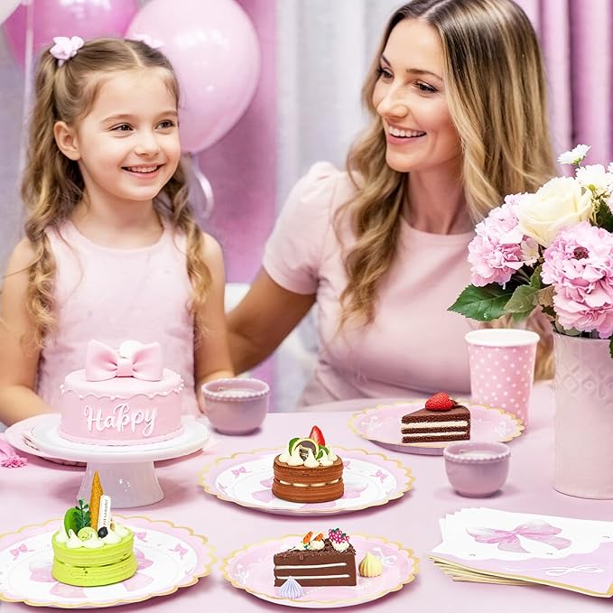 WERNNSAI Pink Bow Birthday Decorations - 48PCS Bow Plates and Napkins Coquette Birthday Decorations Pink Paper Plates and Napkins for Kids Girls Bachelorette Wedding Supplies Serves 16 Guests