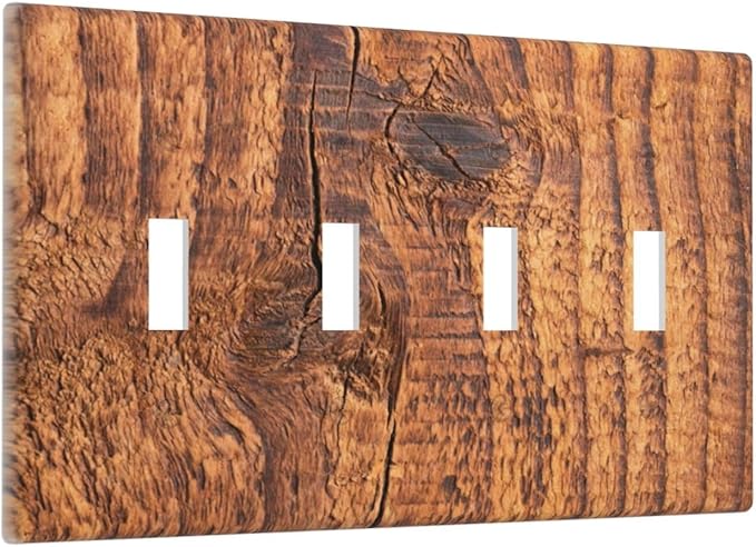 Brown Wood Grain Rustic Natural Burl Print Light Switch Covers Quad Toggle Electrical Faceplate 4 Gang Wall Plate Decorative Switch Plates Cover for Farmhouse Home Decor