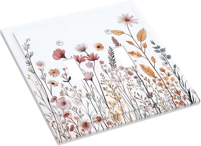 Decorative Switch Plates Spring Floral Pink Wildflower Leaves Plants 2 Gang Double Toggle Outlet Light Switch Cover Wall Plate Electrical Faceplate For Home Bed Room Decor