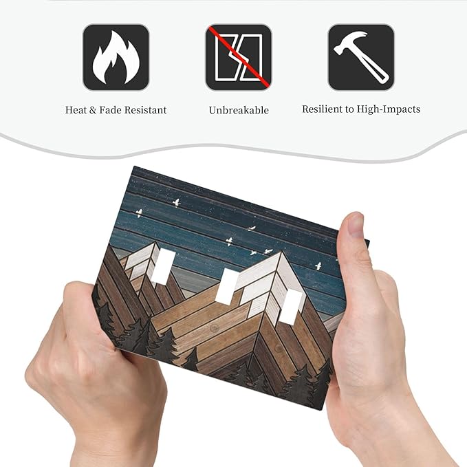 Rustic Geometric Mountain Wilderness Wood 3 Gang Light Switch Cover Triple Toggle Wall Plates Decorator Receptacle Outlet Covers Electrical Switchplate Faceplate for Bedroom Bathroom Kitchen Decor