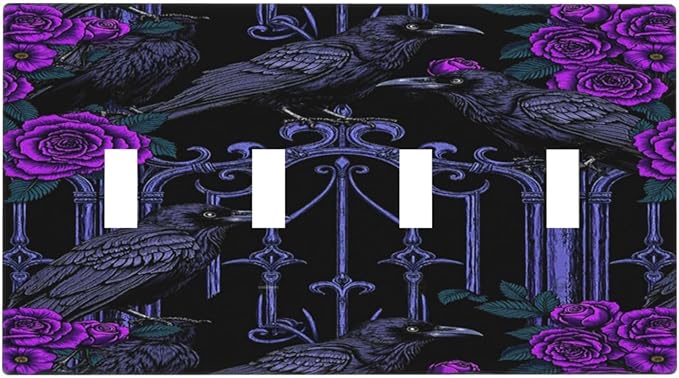 Light Switch Covers Gothic Style Crow Purple Flowers Quad Toggle 4 Gang Wall Plate Electrical Faceplate Decorative Switch Plates for Bedroom living Room Decor