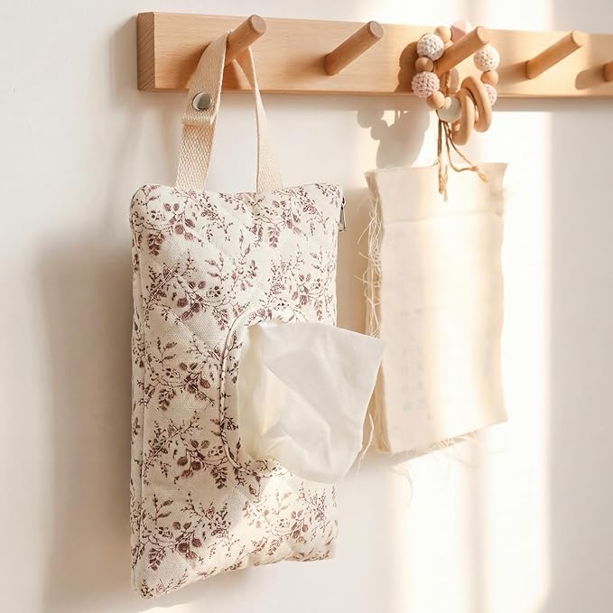 1 Pcs Quilted Diaper and Wipes Pouch Portable Hanging Floral Wet Wipe Bag Diaper Bag Reusable Wipes Pouch for for Stroller Car Travel Infant Diapering Organizer (Beige Floral)