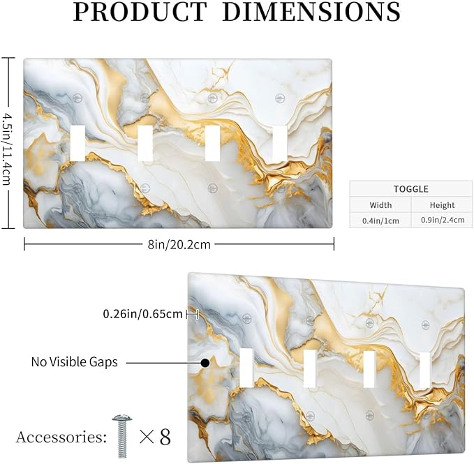 Exquisite White Gold Marble Abstract Luxurious Print Light Switch Covers Quad Toggle Electrical Faceplate 4 Gang Wall Plate Decorative Switch Plates Cover for Bathroom Kitchen Decor