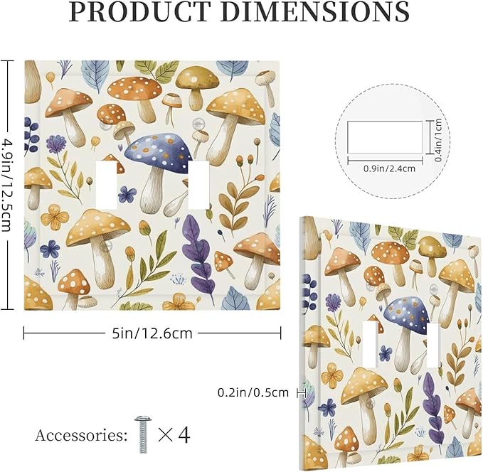 Boho Watercolor Mushroom Flowers Leaf Colorful Floral Decorative Switch Plates 2 Gang Double Toggle Outlet Light Switch Cover Wall Plate Electrical Faceplate for Kids Room Nursery Decor