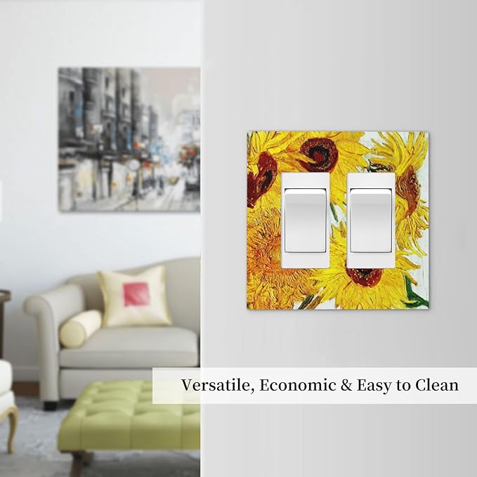 Rustic Sunflower Oil Painting Vintage Flowers Decorative Outlet Covers 2 Gang Double GFCI Rocker Electrical Wall Panels Light Switch Cover Plate for Bed Room Living Room Decor