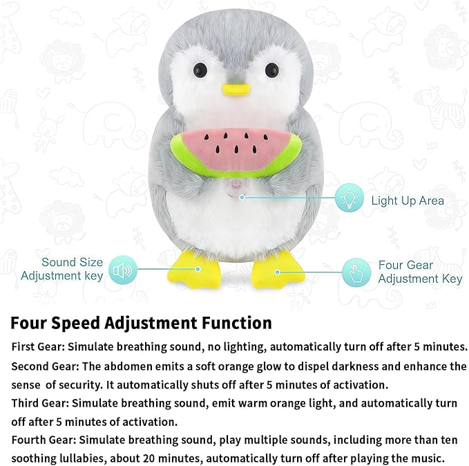 rytopt Breathing Stuffed Animal, Upgraded Version, No Breathing Movement in Its Abdomen, 4 Gear Adjustment, Volume Control, with Music & Lights
