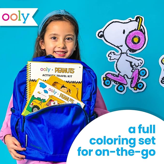Ooly x Peanuts Travel Art Kit with 9 Jumbo Crayons & 48 Themed Coloring Pages & Case for Easy Traveling Art Creation, Perfect Airplane & Road Trip Activities for Kids