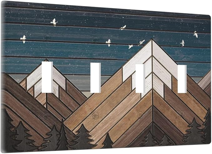 Rustic Geometric Mountain Wilderness Wood 4 Gang Wall Plate Quad Toggle Light Switch Cover Decorative Outlet Covers Electrical Light Switches Faceplate for Bedroom Bathroom Kitchen Decor