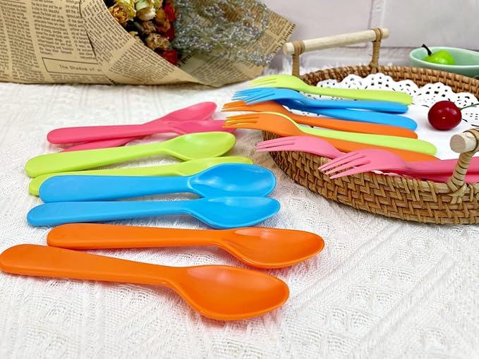 Jawbush 16 Pcs Kids Utensils, Plastic Kids Forks and Spoons, Reusable Toddler Utensils, Durable Flatware Set for Lunch Box, Easy to Use, BPA Free