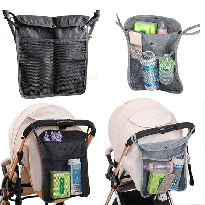 2Pcs Pack Baby Stroller Organizer With Two compartments Front Mesh Pocket for Bottle Nappy Diaper Storage,Fits for Stroller like Uppababy, Baby Jogger, Britax, Bugaboo, BOB (BLACK E)