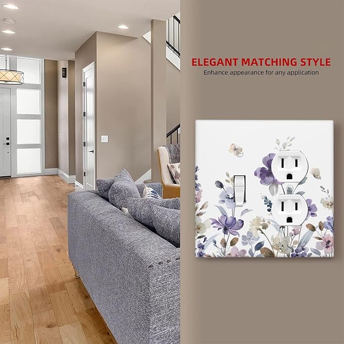 Purple Watercolor Flower Floral Butterfly Wallplates 1 Toggle 1 Duplex Switch Plate Electrical GFCI Faceplate Decorative Light Switch Covers for Bedroom Living Room Decor