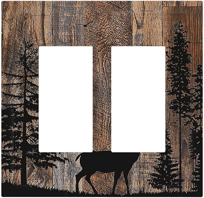 Decorative Outlet Covers Rustic Forest Antler Elk Deer Silhouettes Animals Wood Grain 2 Gang Double GFCI Rocker Electrical Wall Panels Light Switch Cover Plate for Farmhouse Home Decor