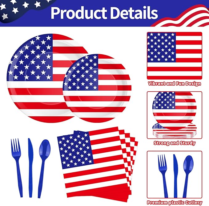 175 Pcs USA Flag Tableware Set - Serves 25, Patriotic American Flag Disposable Plates, Cups, Napkins, Forks, Spoons, Knives for 4th of July, Memorial Day, Veterans Day, Independence Day Party Supplies