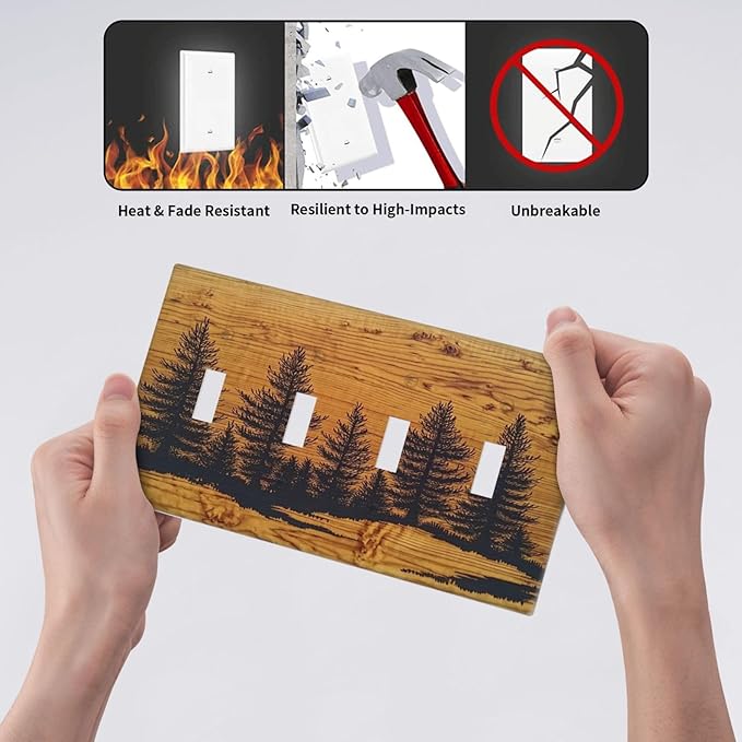 Light Switch Covers Forest Pine Silhouette Rustic Wood Grain Quad Toggle Electrical Faceplate 4 Gang Wall Plate Decorative Switch Plates For Farmhouse Cabin Decor