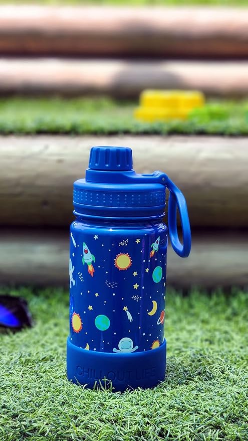 CHILLOUT LIFE 12 oz Kids Insulated Water Bottle for School with Leakproof Spout Lid and Cute Waterproof Stickers, Personalized Stainless Steel Thermos Flask Metal Water Bottle, Blue Space